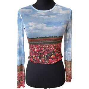 New ~ VINTAGE SUPPLY ~  90s  / Y2K Flower Field Print Sheer Top 4 Ret $45